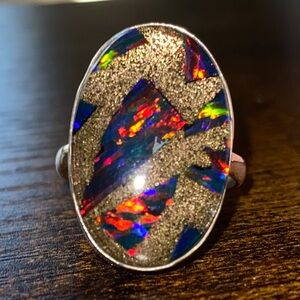 Stunning Multicolor Fire Opal and Gold Flake Ring Sz 8, 925 Sterling